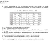 can you solve
D, E and F
1. The sp'd? hybrid orbitals are linear combinations of six standard atomic orbitals. The general
expression is given below where the orbital coefficients are listed in the table for the six hybrid
orbitals.
h = c,s + c2Px + C3P, + C4P2 + C5d,2-y² + Cgdz2
C1
C2
C3
C4
C5
V1/6 V1/2
V1/6 -/1/2
V1/6
V1/6
V1/6
V1/6
V1/4
V1/4
hi
-/1/12
-/1/12
-/1/4 -V1/12
-/1/4 -/1/12
V1/3
V1/3
h2
V1/2
-/1/2
V1/2
-V1/2
h3
h4
h5
he
(a) For what molecular geometry are sp°d hybrid appropriate?
(b) What are the ideal bond angles for the geometry in (a)?
(c) Which of the hybrid orbitals are used for bonding in the xy-plane? Think about which standard orbitals
are used.
(d) Which of the hybrid orbitals are used for bonding along the z-axis? Think about which standard
orbitals are used.
(e) Compute the relative proportions of p-orbitals to s-orbital in each hybrid orbital*.
(f) Compute the relative proportions of d-orbitals to s-orbital in each hybrid orbital*.
* See the lectures and page 396 to see how to determine this using the coefficients in the table.
