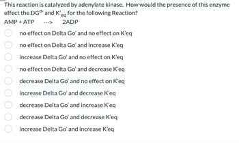 This reaction is catalyzed by adenylate kinase. How would the presence of this enzyme
effect the DG°' and K'eq for the following Reaction?
AMP + ATP
--->
2ADP
no effect on Delta Go' and no effect on K'eq
no effect on Delta Go' and increase K'eq
increase Delta Go' and no effect on K'eq
no effect on Delta Go' and decrease K'eq
decrease Delta Go' and no effect on K'eq
increase Delta Go' and decrease K'eq
decrease Delta Go' and increase K'eq
decrease Delta Go' and decrease K'eq
increase Delta Go' and increase K'eq