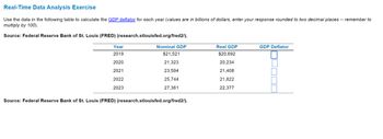 Real-Time Data Analysis Exercise
Use the data in the following table to calculate the GDP deflator for each year (values are in billions of dollars, enter your response rounded to two decimal places -- remember to
multiply by 100).
Source: Federal Reserve Bank of St. Louis (FRED) (research.stlouisfed.org/fred2/).
Year
2019
Nominal GDP
$21,521
Real GDP
GDP Deflator
$20,692
2020
21,323
20,234
2021
23,594
21,408
2022
25,744
21,822
2023
27,361
22,377
Source: Federal Reserve Bank of St. Louis (FRED) (research.stlouisfed.org/fred2/).