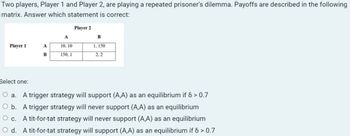 Two players, Player 1 and Player 2, are playing a repeated prisoner's dilemma. Payoffs are described in the following
matrix. Answer which statement is correct:
Player 2
A
B
Player 1
A
10.10
1,150
B
150, 1
2,2
Select one:
○ a. A trigger strategy will support (A,A) as an equilibrium if 8 > 0.7
O b. A trigger strategy will never support (A,A) as an equilibrium
○ c.
A tit-for-tat strategy will never support (A,A) as an equilibrium
Od. A tit-for-tat strategy will support (A,A) as an equilibrium if 6 > 0.7