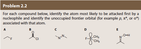 Problem 2.2
For each compound below, identify the atom most likely to be attacked first by a
nucleophile and identify the unoccupied frontier orbital (for example p, T", or σ*)
associated with that atom.
Cl
