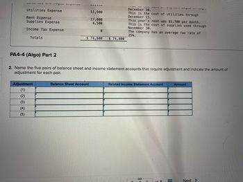 ### Adjustments to Financial Statements

**Objective:** Understand the adjustments required for accurate reflection of balance sheet and income statement accounts.

#### Instructions:
2. Name the five pairs of balance sheet and income statement accounts that require adjustment and indicate the amount of adjustment for each pair.

#### Adjustment Table:

| Adjustment | Balance Sheet Account      | Related Income Statement Account | Amount |
|------------|----------------------------|----------------------------------|--------|
| (1)        |                            |                                  |        |
| (2)        |                            |                                  |        |
| (3)        |                            |                                  |        |
| (4)        |                            |                                  |        |
| (5)        |                            |                                  |        |

### Example Accounts and Adjustments:

1. **Adjustment for Prepaid Expenses:**
   - **Balance Sheet Account:** Prepaid Rent
   - **Related Income Statement Account:** Rent Expense
   - **Amount:** $17,000

2. **Adjustment for Supplies:**
   - **Balance Sheet Account:** Supplies
   - **Related Income Statement Account:** Supplies Expense
   - **Amount:** $4,500

3. **Adjustment for Accrued Expenses:**
   - **Balance Sheet Account:** Accrued Salaries
   - **Related Income Statement Account:** Salaries and Wages Expense
   - **Amount:** To be determined

4. **Adjustment for Utilities:**
   - **Balance Sheet Account:** Utilities Payable
   - **Related Income Statement Account:** Utilities Expense
   - **Amount:** $11,900

5. **Adjustment for Income Tax:**
   - **Balance Sheet Account:** Income Tax Payable
   - **Related Income Statement Account:** Income Tax Expense
   - **Amount:** To be calculated based on average tax rate (25%)

#### Additional Notes:
- Ensure all adjustments are accurately recorded to maintain consistency in financial reporting.
- Double-check amounts and accounts to avoid any discrepancies.

By understanding and applying these adjustments, you can ensure that the financial statements reflect a true and fair view of the company’s financial position and performance.