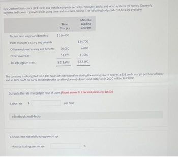Rey Custom Electronics (RCE) sells and installs complete security, computer, audio, and video systems for homes. On newly
constructed homes it provides bids using time-and-material pricing. The following budgeted cost data are available.
Technicians' wages and benefits
Parts manager's salary and benefits
Office employee's salary and benefits
Other overhead
Total budgeted costs
Labor rate
$
Time
Charges
$166,400
eTextbook and Media
30,080
14,720
$211,200
The company has budgeted for 6,400 hours of technician time during the coming year. It desires a $38 profit margin per hour of labor
and an 80% profit on parts. It estimates the total invoice cost of parts and materials in 2020 will be $693,000.
Material loading percentage
Compute the rate charged per hour of labor. (Round answer to 2 decimal places, eg. 10.50)
Compute the material loading percentage.
Material
Loading
Charges
$34,700
per hour
6,880
41,580
$83,160
%
