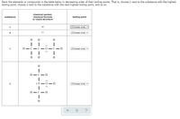 Rank the elements or compounds in the table below in decreasing order of their boiling points. That is, choose 1 next to the substance with the highest
boiling point, choose 2 next to the substance with the next highest boiling point, and so on.
chemical symbol,
substance
chemical formula
boiling point
or Lewis structure
Ar
(Choose one)
A
В
Cr
(Choose one) v
H
H.
H.
H - C - C - ) - C
H
(Choose one)
|
H
H
H.
H
H - C -H
D
:N
- O - H
(Choose one) ♥
Н—С — Н
?
:0 :
:
