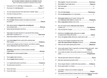 יד
1 Flower parts in 4's or 5's; leaf veins in a branching patter..............
l'
Flower parts in 3's; leaf veins parallel..
2
10 or more stamens present per flower and/or flower "butterfly" shaped
2'
Fewer than 10 stamens per flower.
3
Flower regular (radial symmetry)...
3'
Flower irregular (bilateral symmetry); pea-shaped ovary becomes
pea pod fruit.....
4
Many stamens attached to elongated tube surrounding style;
leaves palmately lobed....
4'
Stamens attached individually to the flower......
5
Sepals appear to be absent when flower is open (present before opening);
petals usually 4 (sometimes 6-12).....
5'
Sepals remain attached to the flower after it opens
6
Leaves clover-shaped; flowers usually yellow (sometimes pink)
With 10 stamens......
6'
Leaves not clover-shaped; more than 10 stamens; ovary inferior or superior,
often in a floral cup with sepals attached at the rim....
7
Inflorescence a dense head on a common receptacle surrounded
by green bracts..
Inflorescence not a head surrounded by bracts.
Flower regular (radial symmetry)...
Flower irregular (bilateral symmetry)..
4 or 5 separate pistils present in each flower..
One pistil present in each flower
10
Flower with 4 petals.
10 Flower with 5 petals
150
KEY TO SOME COMMON FAMILIES OF FLOWERING PLANTS
(Refer to the illustrations and glossary for definitions of terms in bold)
..Dicot..2
...Monocot..19
3
7
8
8¹
9
9'
4
..Fabaceae
Malvaceae
5
Papaveraceae
6
Oxalidaceae
Rosaceae
Asteraceae
8
9
18
Crassulaceae
10
11
12
11
Ovary superior, 4 long and 2 short stamens.
. Brassicaceae
11'
Ovary inferior; 8 equal-length stamens
Onagraceae
12
Petals fused together....
13
12
Petals separate.
16
13 Pistil with 3 style branches.
..Polemoneaceae
14
13'
Pistil with unbranched style or 2 to 5 style branches.
14
Ovary deeply 4-lobed (circle of 4 "bumps" at the base of the
style); inflorescence often coiled like a scorpion's tail.
...Boraginaceae
.......................... 15
14
Ovary a single globose structure at base of style.
15
Style with 2 distinct branches; inflorescence often coiled like
a scorpion's tail.....
..Hydrophyllaceae
...Solanaceae
15'
Style not divided into 2 branches
16
Small flowers with inferior ovaries; inflorescence is an umbel
or compound umbel; foliage often aromatic
..Apiaceae
16' Flowers with superior ovaries; inflorescence a simple umbel or other................ 17
17 Older ovary (fruit) elongated, resembling the beak of a bird
(stork's bill); stamens alternate with petals in the flower
Geraniaceae
Rhamnaceae
17 Older ovary short; stamens opposite petals in flower......
18 Leaves usually aromatic ("minty" or sage smell); ovary deeply 4-lobed; stems usually square
in cross-section; fruit not a capsul..............
Lamiaceae
18' Leaves usually not aromatic; stems usually not square in cross-section; fruit a dry
capsule..........
......Scrophulariaceae
... Poaceae
20
19
Petals and sepals absent; inflorescence usually green.
19 Petals and/or sepals present and usually colorful.
20 Flowers irregular (bilateral); 1 modified fertile stamen (polinium).
Orchidaceae
21
20 Flowers regular (radial); 3 or 6 stamens
21 Ovary inferior; 3 stamens; leaves sword-like, emerging one
from another.
Iridaceae
21 Ovary superior (sometime inferior); 6 stamens (rarely 3); leaves not emerging one from another
Liliaceae
******
151