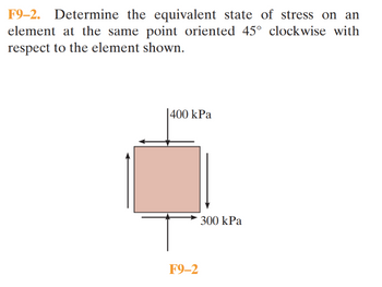 F9-2. Determine the equivalent state of stress on an
element at the same point oriented 45° clockwise with
respect to the element shown.
400 kPa
F9-2
300 kPa