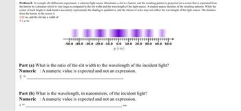 Problem 8: In a single-slit diffraction experiment, a coherent light source illuminates a slit in a barrier, and the resulting pattern is projected on a screen that is separated from
the barrier by a distance which is very large as compared to the slit width and the wavelength of the light source. A student makes sketches of the resulting patterns. While the
center of each bright or dark band is accurately represented, the shading is qualitative, and the choice of color may not reflect the wavelength of the light source. The distance
from the barrier to the screen is
2.65 m, and the slit has a width of
8.1 μm.
||||||||||
-50.0-40.0 -30.0 -20.0 -10.0 0.0 10.0 20.0 30.0 40.0 50.0
y (cm)
Part (a) What is the ratio of the slit width to the wavelength of the incident light?
Numeric: A numeric value is expected and not an expression.
Part (b) What is the wavelength, in nanometers, of the incident light?
Numeric: A numeric value is expected and not an expression.
AN