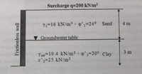 Surcharge q=200 kN/m2
Yi=16 kN/m3 • o°z=24° Sand
4 m
▼Groundwater table
3 m
Y sar=19.4 kN/m3 o'=20° Clay
c'2=25 kN/m2
Frictionless wall
