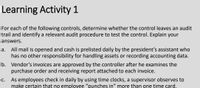 Learning Activity 1
For each of the following controls, determine whether the control leaves an audit
trail and identify a relevant audit procedure to test the control. Explain your
answers.
All mail is opened and cash is prelisted daily by the president's assistant who
has no other responsibility for handling assets or recording accounting data.
b. Vendor's invoices are approved by the controller after he examines the
purchase order and receiving report attached to each invoice.
а.
As employees check in daily by using time clocks, a supervisor observes to
make certain that no employee "punches in" more than one time card.
С.
