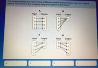 The mapping diagrams below show 4 different relationships between input and output
values. How many of the mapping diagrams represent functions?
Input
Output
Input
Output
1.
9-
2
2-
4
3-
8-
4
6-
8.
Input
Output
Input
Output
-8
-2
3.
3.
7
6.
2
1
