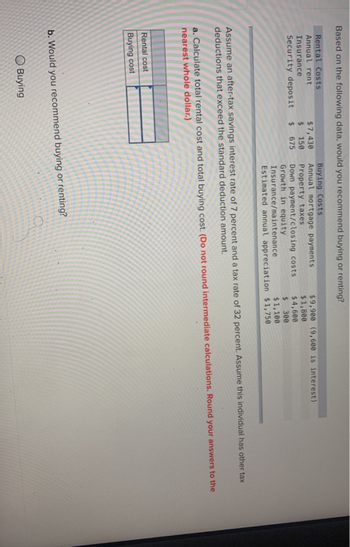 Based on the following data, would you recommend buying or renting?
Buying Costs
Annual mortgage payments
Rental Costs
Annual rent
Insurance
Security deposit
$7,430
150
675
Rental cost
Buying cost
$
$
Assume an after-tax savings interest rate of 7 percent and a tax rate of 32 percent. Assume this individual has other tax
deductions that exceed the standard deduction amount.
Buying
$9,900 (9,600 is interest)
Property taxes
$1,800
Down payment/closing costs
Growth in equity
$4,600
$ 300
Insurance/maintenance.
$1,100
Estimated annual appreciation $1,750
a. Calculate total rental cost and total buying cost. (Do not round intermediate calculations. Round your answers to the
nearest whole dollar.)
b. Would you recommend buying or renting?