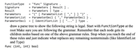 "func" Signature .
Parameters [ Result ] .
Parameters| Type .
= "(" [ ParameterList [
ParameterDecl { "," ParameterDecl }
[ IdentifierList ] [ "..." ] Type
FunctionType
Signature
%3D
Result
%3D
Parameters
] ] ")"
%3D
ParameterList
%D
ParameterDecl
%D
draw a parse tree to show the following string is legal. Start with FunctionType at the
root Make sure you are following the grammar. Remember that each node gets its
children nodes based on one of the above grammar rules. Stop when you reach the end of
these rules and just indicate what replaces any remaining nonterminals (like IdentifierList
and Type)
func (int, int) bool
