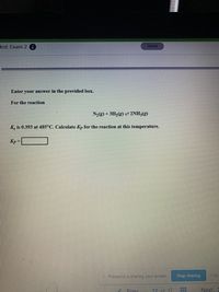 **Chemical Equilibrium Calculation**

**Problem Statement:**

Enter your answer in the provided box.

For the reaction:

\[ \text{N}_2(g) + 3\text{H}_2(g) \rightleftharpoons 2\text{NH}_3(g) \]

Given that \( K_c \) is 0.393 at 485°C, calculate \( K_p \) for the reaction at this temperature.

\[ K_p = \square \]

**Guidance:**

For a given reaction at equilibrium, the relationship between the equilibrium constants \( K_c \) and \( K_p \) can be determined using the equation:

\[ K_p = K_c(RT)^{\Delta n} \]

Where:
- \( R \) is the gas constant, typically 0.0821 L·atm/mol·K
- \( T \) is the temperature in Kelvin
- \( \Delta n \) is the change in moles of gas (\( \text{moles of gaseous products - moles of gaseous reactants} \))

**Steps to follow:**

1. Convert the temperature from Celsius to Kelvin.
2. Calculate \( \Delta n \) for the reaction.
3. Substitute the known values into the \( K_p \) equation to find the answer.