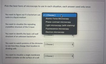 Pick the best form of microscopy to use in each situation, each answer used only once:
You want to figure out if a bacterium can ✓ [Choose ]
swim in a liquid medium
You want to visualize the repeating
crystalline structure of the S-layer
You want to identify the basic cell wall
structure of an unknown bacterium
You want to watch proteins of the divisome
to see how they change their location in
dividing cells
You want to visualize a single membrane
protein complex on the surface of a cell
Atomic Force Microscopy
Phase-contrast microscopy
Light microscopy (with staining)
Fluorescence microscopy
Electron microscopy
[Choose]
[Choose]
[Choose ]