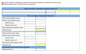 (1) Use the high-low method to estimate the fixed and variable components of total costs.
(2) Estimate total costs if 2,440 units are produced.
Total cost at the highest volume
Variable costs at highest volume
Highest volume
Variable cost per unit
Total variable costs at highest volume
Total fixed costs
High-Low method - Calculation of variable cost per unit
High-Low method - Calculation of fixed costs
Total cost at the lowest volume
Variable costs at lowest volume
Lowest volume
Variable cost per unit
Total variable costs at lowest volume
Total fixed costs
(2) Estimated cost if 2,440 units are produced:
Estimated total cost