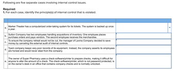 Following are five separate cases involving internal control issues.
Required:
1. For each case, identify the principle(s) of internal control that is violated.
a.
Marker Theater has a computerized order-taking system for its tickets. The system is backed up once
a year.
b.
Sutton Company has two employees handling acquisitions of inventory. One employee places
purchase orders and pays vendors. The second employee receives the merchandise.
C.
To ensure the company retreat would not be cut, the manager of Lavina Company decided to save
money by canceling the external audit of internal controls.
d.
Tywin company keeps very poor records of its equipment. Instead, the company asserts its employees
are honest and would never steal from the company.
The owner of Super Pharmacy uses a check software/printer to prepare checks, making it difficult for
e. anyone to alter the amount of a check. The check software/printer, which is not password protected, is
on the owner's desk in an office that contains company checks and is normally unlocked.