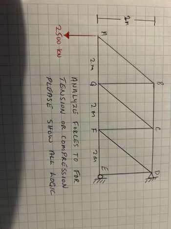 20
A
2500 KN
2.m
B
G
2m
C
F
2m
D
Elde
ANALYZE FORCES TO FOR
TENSION OR COMPRESSION
PLEASE
SHOW ALL LOGIC