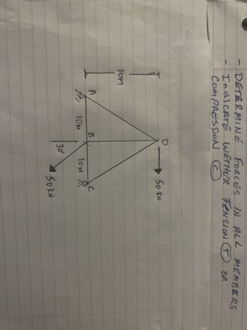 TH
DETERMINE FORCES IN ALL MEMBERS
IndiCATE WETHER FENSION OR
T
COMPRESSION CC
Tom
A
10m
B
D
30°
So KN
e
10M 911
50 kN