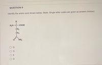 QUESTION 9
Identify the amino acid shown below. (Note: SIngle letter codes are given as answer choices)
H
H,N-C-COOH
CH2
CH2
NH,
O E
O D
