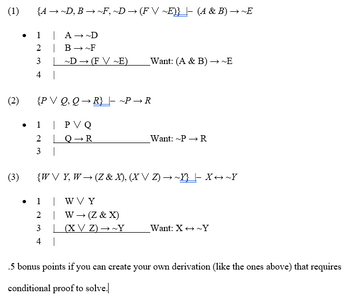 Answered: (1) (2) (3) {A→~D, B→~F, ~D → (FV… | Bartleby