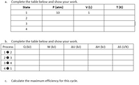 The image contains two tables associated with a thermodynamic cycle and an instruction for calculating efficiency.

**a. First Table: State Properties**
- The table is labeled with the instruction: "Complete the table below and show your work."
- Columns are labeled as follows:
  - **State**: Represents different states in the cycle (1, 2, 3, 4).
  - **P (atm)**: Pressure in atmospheres, with an initial value of 10 atm for State 1. The rest are to be filled in.
  - **V (L)**: Volume in liters, with an initial value of 1 L for State 1. The rest are to be filled in.
  - **T (K)**: Temperature in Kelvin. All values are to be filled in.

**b. Second Table: Process Properties**
- The table is labeled with the instruction: "Complete the table below and show your work."
- The table outlines processes between states, labeled as follows:
  - **Process**: Shows transitions between states (1 ➞ 2, 2 ➞ 3, 3 ➞ 4, 4 ➞ 1).
  - **Q (kJ)**: Heat transfer in kilojoules. Values to be filled in.
  - **W (kJ)**: Work done in kilojoules. Values to be filled in.
  - **ΔU (kJ)**: Change in internal energy in kilojoules. Values to be filled in.
  - **ΔH (kJ)**: Change in enthalpy in kilojoules. Values to be filled in.
  - **ΔS (J/K)**: Change in entropy in Joules per Kelvin. Values to be filled in.

**c. Instruction for Calculation:**
- "Calculate the maximum efficiency for this cycle."

These tables are used for analyzing a thermodynamic cycle by calculating state variables and process parameters. Students are expected to complete the tables and derive the efficiency of the cycle.