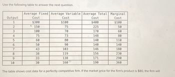 Use the following table to answer the next question.
Average Fixed Average Variable Average Total Marginal
Output
Cost
Cost
Cost
Cost
1
$300
$100
$400
$100
s
2
150
75
225
50
3
100
70
170
60
4
75
73
148
80
5
60
80
140
110
6
50
90
140
140
7
43
103
146
180
8
38
119
156
230
9
33
138
171
290
10
30
160
190
360
The table shows cost data for a perfectly competitive firm. If the market price for the firm's product is $80, the firm will