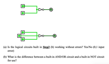 ### Explanation of Logic Circuits

#### Diagram Description

The image contains two diagrams of logic circuits:

1. **First Circuit:**
   - Two inputs, each labeled "1," connect to an AND gate.
   - The output of the AND gate connects to a NOT gate.
   - The final output is labeled "0."

2. **Second Circuit:**
   - Three inputs, each labeled "1," connect to an AND gate.
   - The output of the AND gate connects to a NOT gate.
   - The final output is labeled "0."

#### Questions

(a) Is the logical circuit built in Step 3 (b) working without errors? Yes/No (0,1 input error)

(b) What is the difference between a built-in AND/OR circuit and a built-in NOT circuit for use?