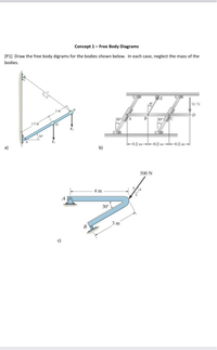 Concept 1- Free Body Diagrams
(P1) Draw the free body digrams for the bodies shown below. In each case, neglect the mass of the
bodies.
SON
02 m-02 m-02 m-
500 N
4 m
30
3 m
