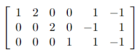 On this educational page, we will explore the following matrix, which is commonly used in linear algebra and related fields such as computer science, physics, and engineering.

The matrix is as follows:

\[
\begin{bmatrix}
1 & 2 & 0 & 0 & 1 & -1 \\
0 & 0 & 2 & 0 & -1 & 1 \\
0 & 0 & 0 & 1 & 1 & -1 \\
\end{bmatrix}
\]

**Explanation:**

This is a \( 3 \times 6 \) matrix, denoted as having 3 rows and 6 columns.

**Row 1:** 
\[ \begin{bmatrix}
1 & 2 & 0 & 0 & 1 & -1 
\end{bmatrix} \]

**Row 2:** 
\[ \begin{bmatrix}
0 & 0 & 2 & 0 & -1 & 1
\end{bmatrix} \]

**Row 3:** 
\[ \begin{bmatrix}
0 & 0 & 0 & 1 & 1 & -1
\end{bmatrix} \]

### Key Points:
- The elements of each row and column can represent different quantities, depending on the context, such as coefficients in a system of equations, or transformations in vector space.
- In this particular matrix:
  - The first row contains the elements: \(1, 2, 0, 0, 1, -1\)
  - The second row contains the elements: \(0, 0, 2, 0, -1, 1\)
  - The third row contains the elements: \(0, 0, 0, 1, 1, -1\)

### Applications:

- **Systems of Equations:** This matrix might be used to represent a system of linear equations where each row represents an equation and each column represents a variable.
- **Transformation Matrices:** It could also represent a transformation in a higher-dimensional vector space, where matrix multiplication alters the components of a vector according to the transformation rules.

### Conclusion:

Understanding how to read and work with matrices like this one is critical in various scientific and engineering disciplines. This basic knowledge is a stepping stone to more complex concepts and applications.

For further detailed study, please refer to our sections on 'Matrix Operations'