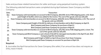 Sales and purchase-related transactions for seller and buyer using perpetual inventory system
The following selected transactions were completed during April between Swan Company and Bird
Company:
Date
Transaction
Apr. Swan Company sold merchandise on account to Bird Company, $64,500, terms FOB shipping point, n/15. Swan
2.
paid freight of $1,850, which was added to the invoice. The cost of the goods sold was $36,140.
8.
8.
17.
23.
24.
25.
26.
30.
Swan Company sold merchandise on account to Bird Company, $48,250, terms FOB destination, n/15. The cost of
the goods sold was $30,650.
Swan Company paid freight of $1,220 for delivery of merchandise sold to Bird Company on April 8.
Bird Company paid Swan Company for purchase of April 2.
Bird Company paid Swan Company for purchase of April 8.
Swan Company sold merchandise on account to Bird Company, $71,750, terms FOB shipping point, n/eom. The
cost of the goods sold was $41,630.
Swan Company paid Bird Company a cash refund of $2,120 for damaged merchandise in the April 8 sale. Bird
Company kept the merchandise.
Bird Company paid freight of $820 on April 24 purchase from Swan Company.
Bird Company paid Swan Company on account for purchase of April 24.
Required:
1. Journalize the April transactions for Swan Company (the seller). If an amount box does not require an
entry, leave it blank.