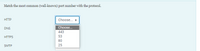 Match the most common (well-known) port number with the protocol.
HTTP
Choose..
Choose...
DNS
443
HTTPS
53
80
SMTP
25
