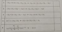 CH3-CHOH-CH2-CH2-CH3 CH3-CH=CH-CH2-CH3 + H2O
CH3-CH2-CH2F + NaCl → CH3-CH2-CH2CI + NaF
3
CH2 CH-CH2-CH3 + H2O CH3-CHOH-CH2-CH3
HC C-CH2-CH3 → CH2=CH-CH2-CH3 + H2
HO
-CH-
→ + HOCI
2.
4.
