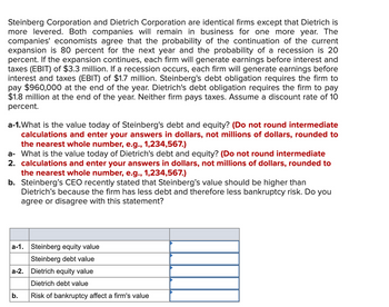 Steinberg Corporation and Dietrich Corporation are identical firms except that Dietrich is
more levered. Both companies will remain in business for one more year. The
companies' economists agree that the probability of the continuation of the current
expansion is 80 percent for the next year and the probability of a recession is 20
percent. If the expansion continues, each firm will generate earnings before interest and
taxes (EBIT) of $3.3 million. If a recession occurs, each firm will generate earnings before
interest and taxes (EBIT) of $1.7 million. Steinberg's debt obligation requires the firm to
pay $960,000 at the end of the year. Dietrich's debt obligation requires the firm to pay
$1.8 million at the end of the year. Neither firm pays taxes. Assume a discount rate of 10
percent.
a-1. What is the value today of Steinberg's debt and equity? (Do not round intermediate
calculations and enter your answers in dollars, not millions of dollars, rounded to
the nearest whole number, e.g., 1,234,567.)
a- What is the value today of Dietrich's debt and equity? (Do not round intermediate
2. calculations and enter your answers in dollars, not millions of dollars, rounded to
the nearest whole number, e.g., 1,234,567.)
b. Steinberg's CEO recently stated that Steinberg's value should be higher than
Dietrich's because the firm has less debt and therefore less bankruptcy risk. Do you
agree or disagree with this statement?
a-1. Steinberg equity value
Steinberg debt value
Dietrich equity value
Dietrich debt value
Risk of bankruptcy affect a firm's value
a-2.
b.