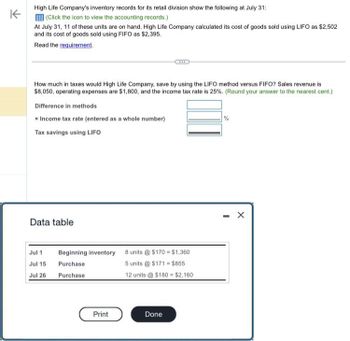 K
High Life Company's inventory records for its retail division show the following at July 31:
(Click the icon to view the accounting records.)
At July 31, 11 of these units are on hand. High Life Company calculated its cost of goods sold using LIFO as $2,502
and its cost of goods sold using FIFO as $2,395.
Read the requirement.
How much in taxes would High Life Company, save by using the LIFO method versus FIFO? Sales revenue is
$8,050, operating expenses are $1,800, and the income tax rate is 25%. (Round your answer to the nearest cent.)
Difference in methods
x Income tax rate (entered as a whole number)
Tax savings using LIFO
%
Data table
Jul 1
Beginning inventory
Jul 15
Purchase
Jul 26
Purchase
8 units @ $170 = $1,360
5 units @ $171 $855
12 units @$180 $2,160
Print
Done
- X