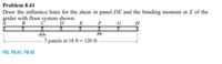 **Problem 8.41**

Draw the influence lines for the shear in panel DE and the bending moment at E of the girder with the floor system shown.

The figure depicts a horizontal girder divided into 7 equal panels, each measuring 18 feet, culminating in a total length of 126 feet. The girder is supported at several points:

- The supports are located under points B, C, D, and F. 
- The panels between supports are as follows: AB, BC, CD, DE, EF, FG, GH.

To address the problem, influence lines for both shear in panel DE and the bending moment at point E need to be constructed. The influence line represents how the shear force and bending moment at a specific point in the structure change as a unit load moves across the length of the girder.