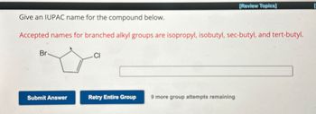 Give an IUPAC name for the compound below.
[Review Topics]
Accepted names for branched alkyl groups are isopropyl, isobutyl, sec-butyl, and tert-butyl.
Br
Submit Answer
Retry Entire Group 9 more group attempts remaining