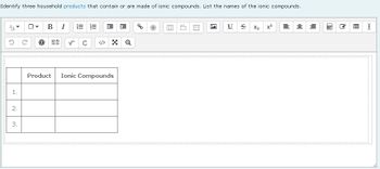 Identify three household products that contain or are made of ionic compounds. List the names of the ionic compounds.
0
B I E
100 1
MA
U
욥
Xz x²
✓ C
Product Ionic Compounds
1
2.
3.
I