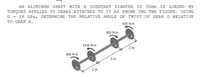 DIAMTER
IS 50mm IS LOADED BY
AN ALUMINUM SHAFT
WITH A COSNTANT
TORQUES APPLIED TO GEARS ATTACHED TO IT AS SHOWN ING THE FIGURE. USING
G = 28 GPa, DETERMINE THE RELATIVE ANGLE OF TWIST OF GEAR D RELATIVE
TO GEAR A.
600 N-m
900 Nm
1100 Nm
2m
800 N-m
3 m
2m
