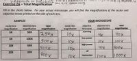 the or
e is tlipped in
reference to théoject
Exercise 2A - Total Magnification You are exam ining.
Fill in the charts below. For your actual microscope, you will find the magnifications of the ocular and
objective lenses printed on the side of each lens.
SAMPLES
YOUR MICROSCOPE
objective lens
magnification
total
objective lens
magnification
ocular lens
total
ocular lens
objective
magnification
magnification
magnification
lens name
magnification
5X
50X
scanning
250x
l0x
4x
40x
5X
100X
low power
500X
10x
10x
100X
10X
50X
high power
500X
Lox
40X
YO0x
oil
20X
20X
400X
lox
100x
1000X
immersion
