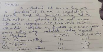 7
Enercise:-
30
long with
is subjected to a
Assuming
deformation is entirely elastic and manimum
allowable elongation
tensile
30000y that the
is
0.3 mm while manimum.
allowable reduction in, digmeter is 0.015mm. choose
amory below only.
candidate meeting requirent
E (GPa)
A cylindrical rod 100 mm
diameter of
12 mm
load of 30000 N.
Aluminium alloy
Bronze
Titanium allow
70
100
110
U(Poiss ons vahi)
0.33
0.34
0.3