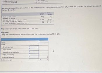 Order processing
Customer service.
Management would like an analysis of the profitability of a particular customer, Cell City, which has ordered the following products
the last 12 months:
Number of cases
Number of orders.
Direct labour-hours per case.
Selling price per case
Direct materials cost per case.
Sales
Costs:
Direct materials
Direct labour
$21 per order
$62 per customer
Supporting manufacturing
Order processing
Customer service
The company's direct labour rate is $22 per hour.
Required:
Using the company's ABC system, compute the customer margin of Cell City.
Customer margin
Standard
Model
210
5
0.25
41
$
$ 18
Deluxe
Model
65
2
$
0.40
$ 61
$ 21
0
0