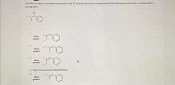 Identify the major and minor products for the E2 reaction that occurs when each of the following substrates is treated with al
strong base:
0
0
0
00
Miner
product
Major
product
Majov
product
There is no minor product formed.
Miner
product