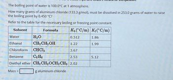 The boiling point of water is 100.0°C at 1 atmosphere.
How many grams of aluminum chloride (133.3 g/mol), must be dissolved in 253.0 grams of water to raise
the boiling point by 0.450 °C?
Refer to the table for the necessary boiling or freezing point constant.
Solvent
Kb (°C/m)
Kf(°C/m)
Water
0.512
Ethanol
1.22
Chloroform
CHCl3
3.67
Benzene
C6H6
2.53
Diethyl ether CH3 CH₂ OCH2 CH3 2.02
g aluminum chloride
Mass =
Formula
H₂O
CH3 CH₂OH
1.86
1.99
5.12