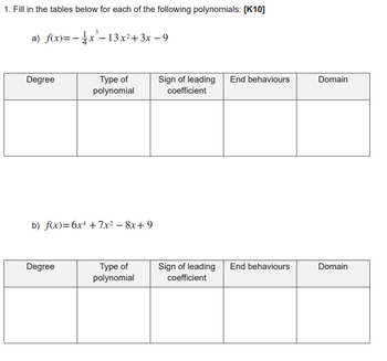 1. Fill in the tables below for each of the following polynomials: [K10]
a) f(x)=-4x³-13x²+3x-9
Degree
Type of
polynomial
Sign of leading
coefficient
End behaviours
Domain
b) f(x)=6x+7x² - 8x+9
Degree
Type of
polynomial
Sign of leading End behaviours
coefficient
Domain