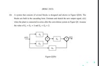 (ВЕКС 2433)
(b) A system that consists of several blocks is designed and shown in Figure Q2(b). The
blocks are built in the cascading form. Estimate and sketch the new output signal, z(t)
when the plant is connected in series after the convolution system in Figure Q2. Assume
the value of G, = G3 = 1 and G2 = G4 = 2.
y(t)
G3
G2
G4
Figure Q2(b)
