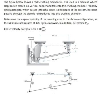 The figure below shows a rock-crushing mechanism. It is used in a machine where
large rock is placed in a vertical hopper and falls into this crushing chamber. Properly
sized aggregate, which passes through a sieve, is discharged at the bottom. Rock not
passing through the sieve is reintroduced into this crushing chamber.
Determine the angular velocity of the crushing arm, in the shown configuration, as
the 60 mm crank rotates at 120 rpm, clockwise. In addition, determine V.
Chose velocity polygon 1 cm : 10 cm.
sec
Crushing
chamber
180 mm
180 mm
360 mm
400 mm
360 mm
90°
0₂= 120 rpm
400 mm
60 mm
60 mm
B