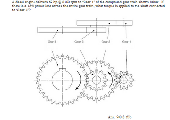 A diesel engine delivers 69 hp @ 2100 rpm to "Gear 1" of the compound gear train shown below. If
there is a 13% power loss across the entire gear train, what torque is applied to the shaft connected
to "Gear 4"?
Gear 4
AAAAA
AAAA
Gear 3
Gear 2
Gear 1
Ans. 900.8 ftlb