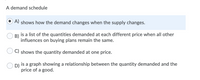 A demand schedule
A) shows how the demand changes when the supply changes.
B)
is a list of the quantities demanded at each different price when all other
influences on buying plans remain the same.
C) shows the quantity demanded at one price.
O D)
is a graph showing a relationship between the quantity demanded and the
price of a good.
