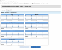 Required:
1. Post the transactions to the T-accounts.
2. Use the amounts from the T-accounts in Requirement (1) to prepare an August 31 trial balance for Pose-for-Pics.
Complete this question by entering your answers in the tabs below.
Required 1
Required 2
Post the transactions to the T-accounts.
Cash
Supplies
Balance
Balance
Prepaid Insurance
Equipment
Balance
Balance
Common Stock
Services Revenue
Balance
Balance
Utilities Expense
Balance
< Required 1
Required 2 >
