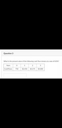 Question 3
What is the present value of the following cash flow stream at a rate of 8.0%?
Years
1
2
3
CashFlows
750
$2,450
$3,175
$4,000
